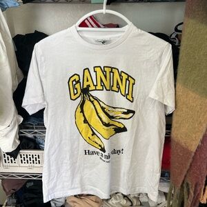 Ganni White Tee with Yellow Banana Design